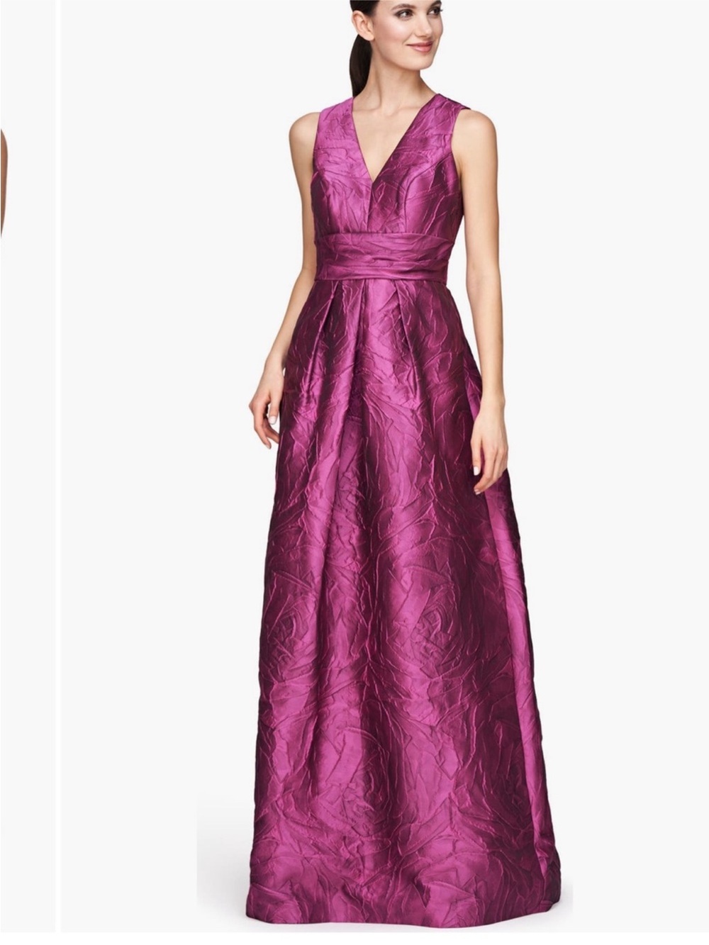Kay Unger Mariah Gown in Sangria Jacquard Textured Crinkle Pleated Maxi Dress